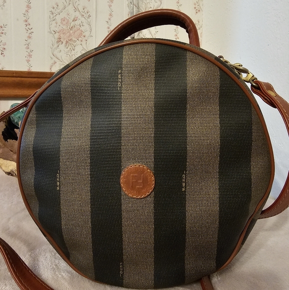 Fendi Vintage Pequin Round Canvas Crossbody Handbag Striped Black and Brown - Picture 1 of 14